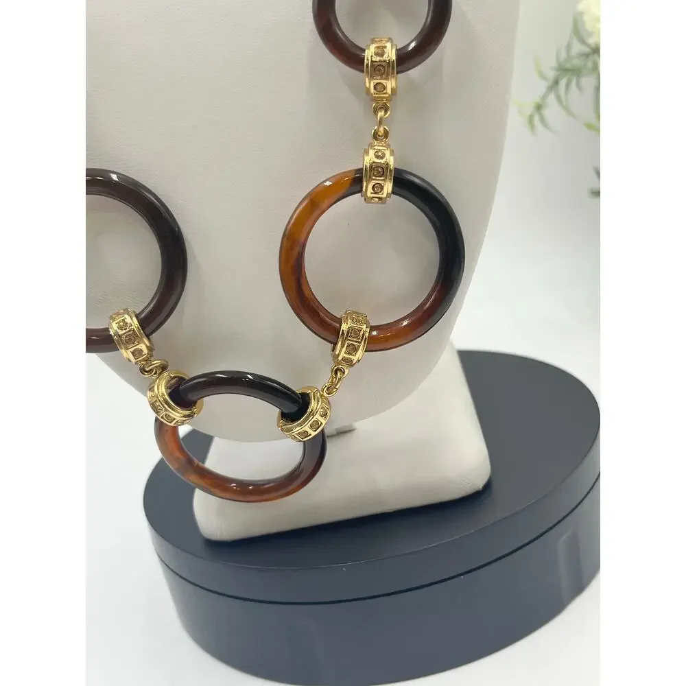 Kate Spade Faux Tortoise Shell Circle Gold Tone Links yellow rhinestone Necklace